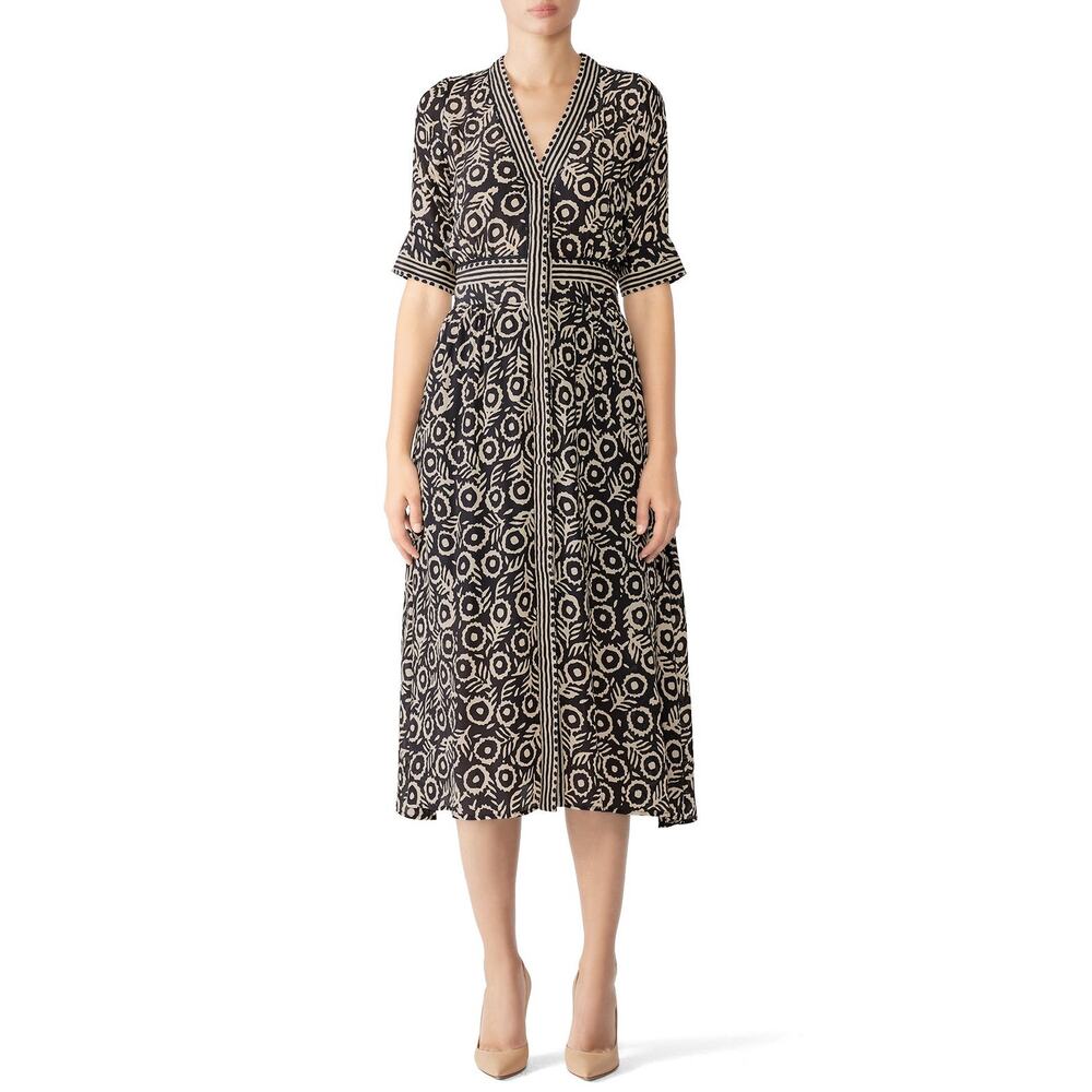 SEA NEW YORK Black White Ink-Dot Bloom Front Button Midi Dress Size 4 - Picture 2 of 13